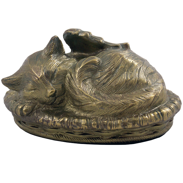 Sweet Kitty Cat Urn - Brass Metal, 7.5" H | Silver Finish, Bottom Loading Design