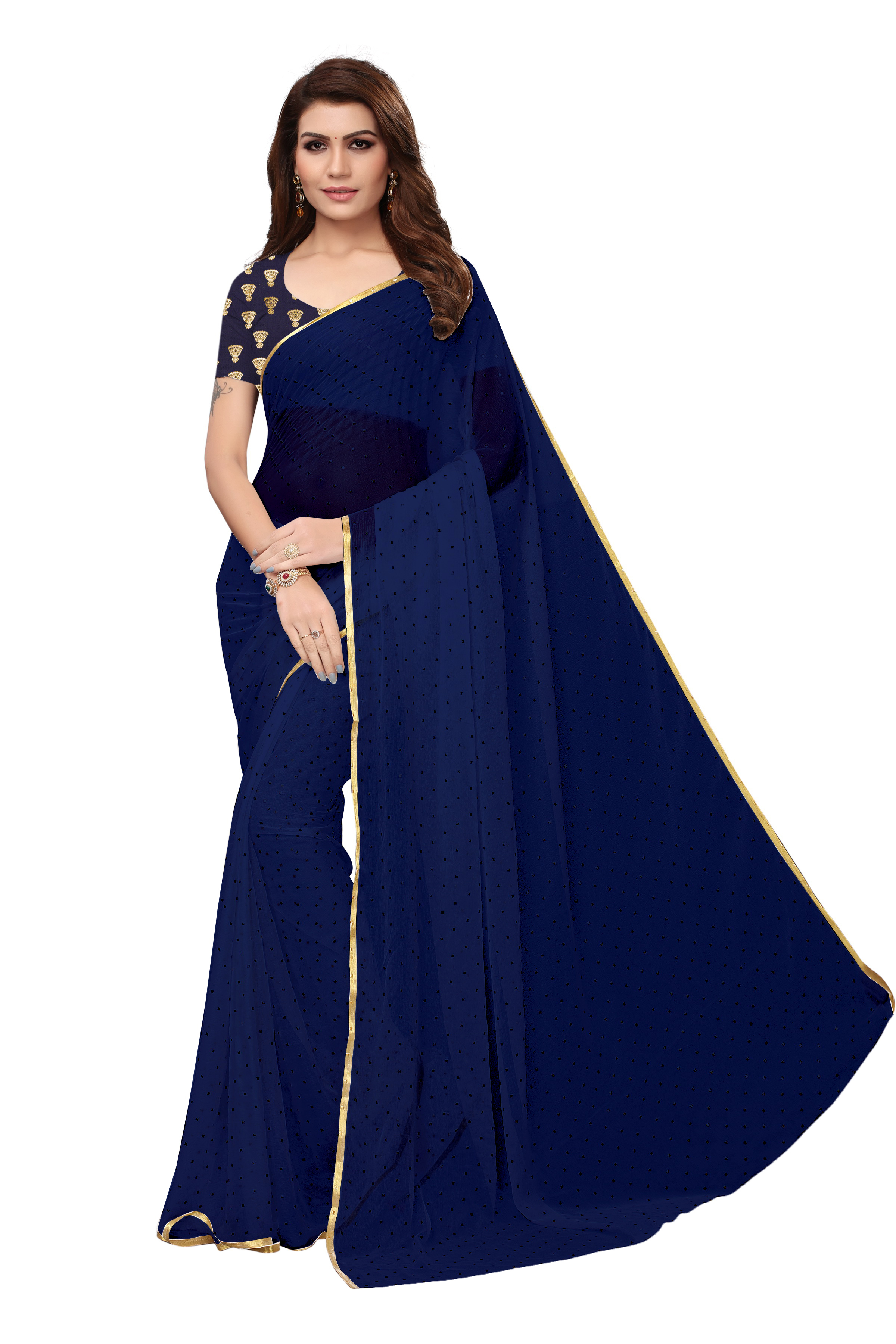 Bundi Chiffon Saree - Chiffon Fabric, Length 5.5 Mtr, Blouse Length 0.8 Mtr | Color Options: Navy, Orange, Red, Pink, Yellow, White, Plain Pattern, Elegant Indian Style