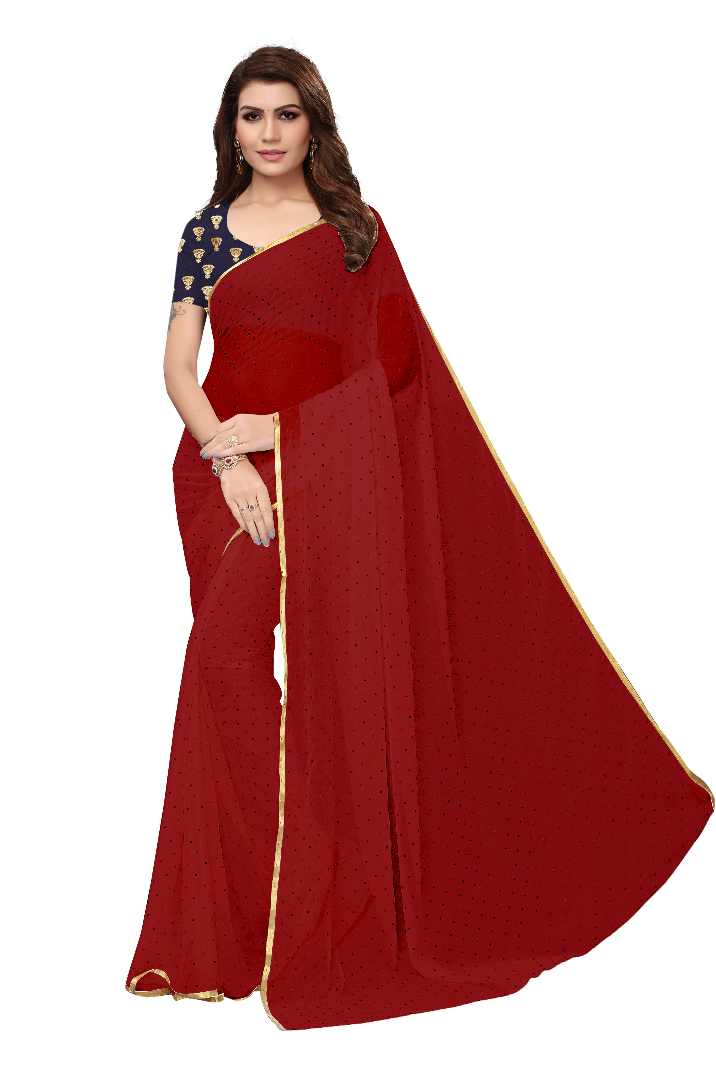 Bundi Chiffon Saree - Chiffon Fabric, Length 5.5 Mtr, Blouse Length 0.8 Mtr | Color Options: Navy, Orange, Red, Pink, Yellow, White, Plain Pattern, Elegant Indian Style