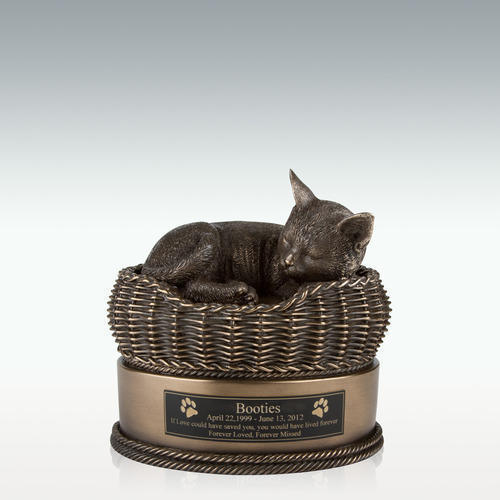 Cat In Basket Urn - Resin Material, Customized Size, Brass Color | Enamel Finish, Religious Style, Secure Four-screw Base