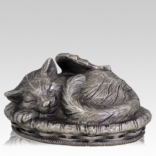 Metal Silver Cat Cremation Urn With Base