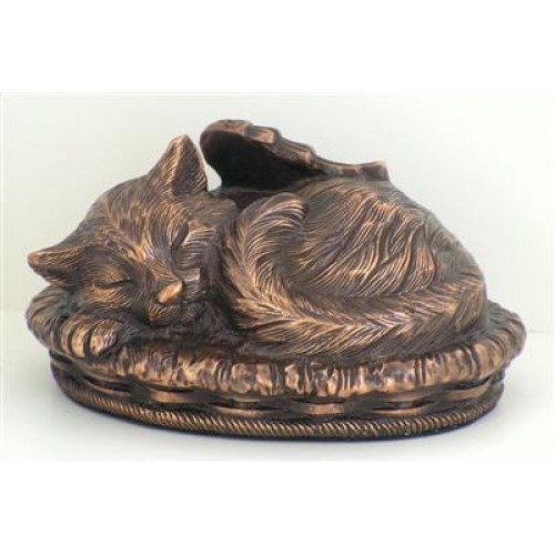 Sleeping Angel Cat Cremation Urn - Polymer And Resin With Bronze Filler, Brass Color And Gold Finish, Felted Bottom With Engraved Collar Tag