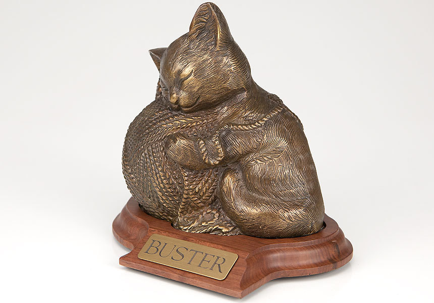 Sleeping Angel Cat Cremation Urn - Polymer And Resin With Bronze Filler, Brass Color And Gold Finish, Felted Bottom With Engraved Collar Tag