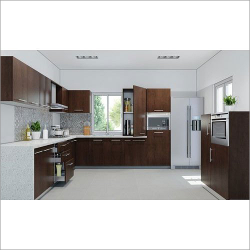 L Shaped Modular Kitchen - Wood, Customizable Dimensions, Matte Brown Finish | 1 Year Warranty, Professional Installation, Elegant Granite Countertop