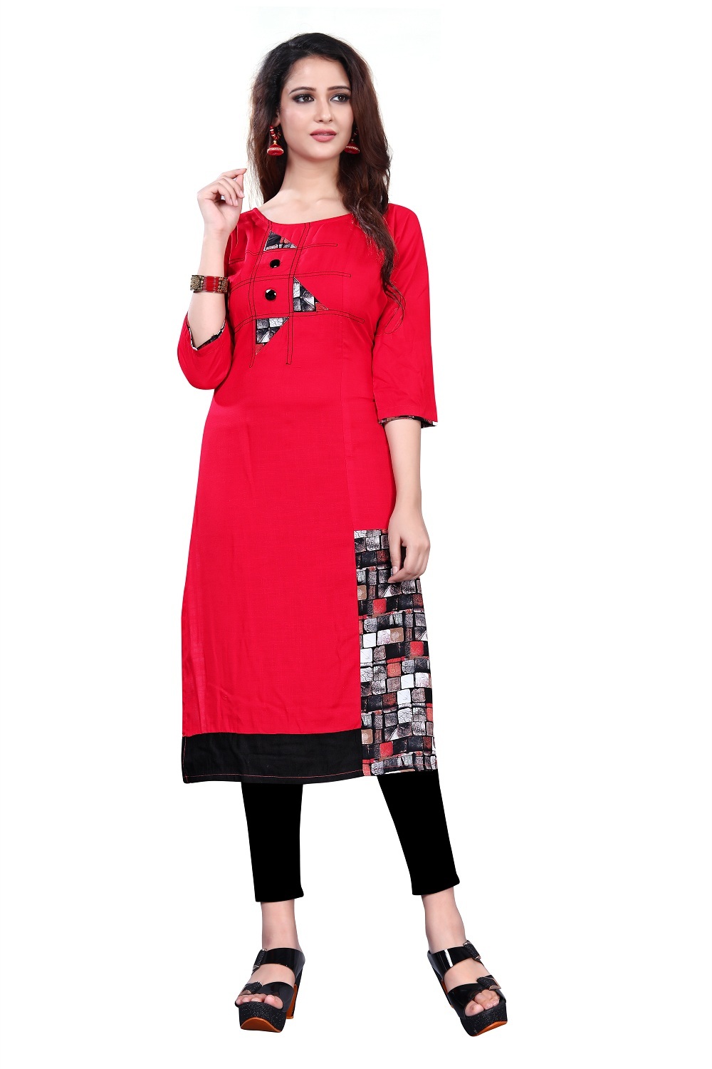 Modern Kurti - Rayon Fabric, Red Color With Exclusive Printed Design | Half Sleeve, Latest Neck Pattern, Washable For Girls