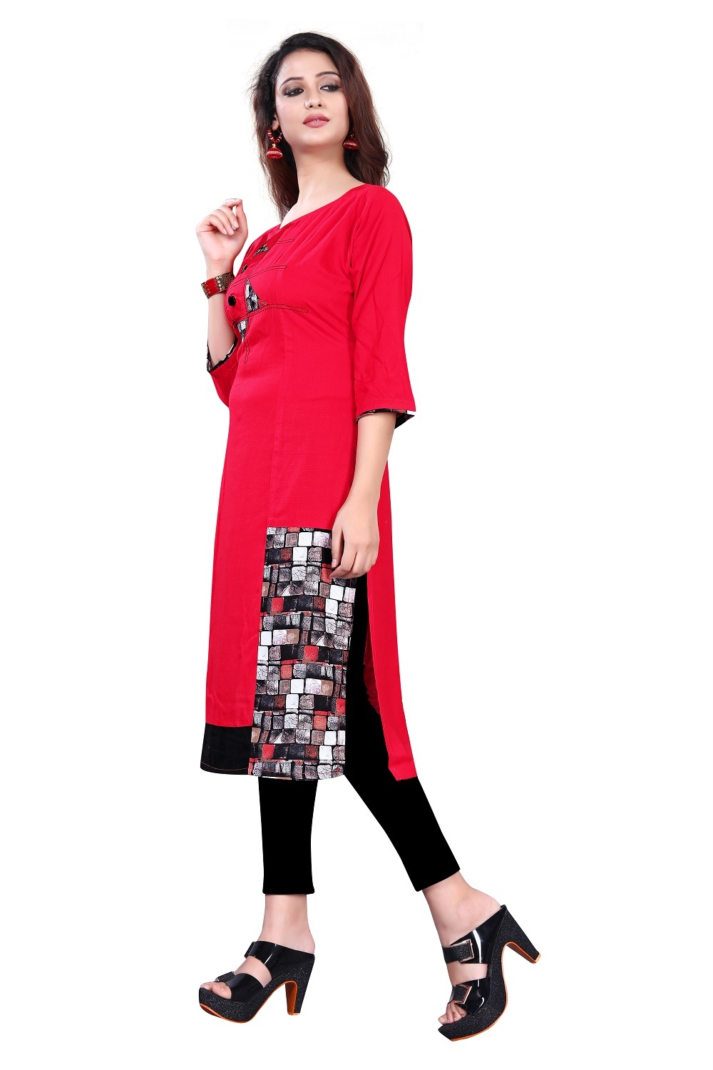 Modern Kurti - Rayon Fabric, Red Color With Exclusive Printed Design | Half Sleeve, Latest Neck Pattern, Washable For Girls
