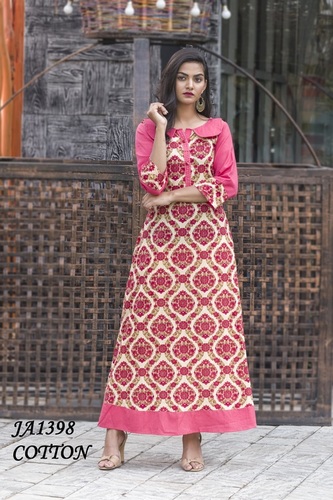 A-Line Cotton Kurti - M, L, XL, XXL Size, Pink Colour, 3/4 Sleeves | Printed Design, Washable, Quick Dry, Breathable, No Fade