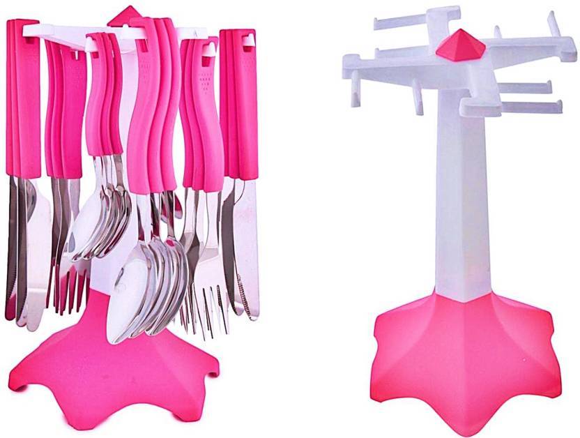 Plastic Cutlery Set - Virgin Plastic And Stainless Steel, Pink Color , 24 Pcs Set With Dinner Spoons, Forks, Butter Knives, Dishwasher Safe