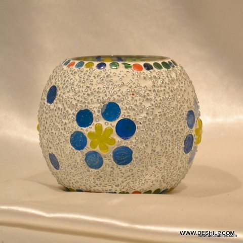White Mosaic Candle Holder - Glass & Metal, Antique Imitation, Handmade Art & Collectible For Home And Party Decoration