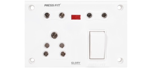 Pressfit Glory 6-in-1 Switch Socket Combined - Plastic Material, White Color | 2 Pin and 3 Pin Sockets, On/Off Indicator, New Condition