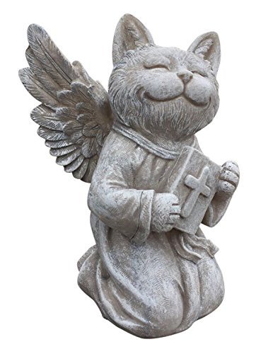 Praying Cat Angel Memorial Statue - 8.75"x6.5"x5.5" | White Stone Finish, Religious Design
