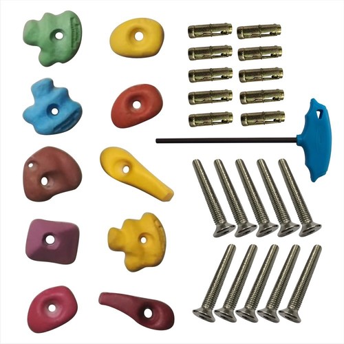 Adventure Rocks - 2.5 Inch Heavy Duty Climbing Holds | 10 Multi-Color Grips, Bolts, Fasteners & LN Key Set for Professional Use