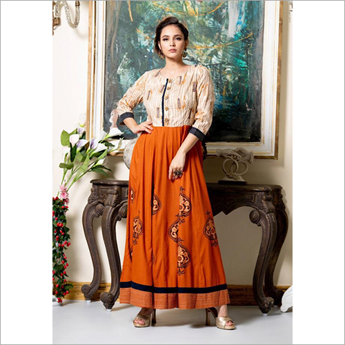 Ladies Fancy Kurti - Cotton, Maximal Length, Orange Color | Elegant Design, Soft Fabric, Comfortable Fit, Stylish Print, Three-Quarter Sleeve