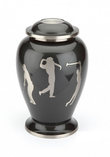 Fairway Of Life Golf Cremation Urn - Metal, 10.5" H X 6.5" W, Glossy Sky Blue Enamel With Hand Painted Scene, Secure Threaded Lid For Adult Ashes