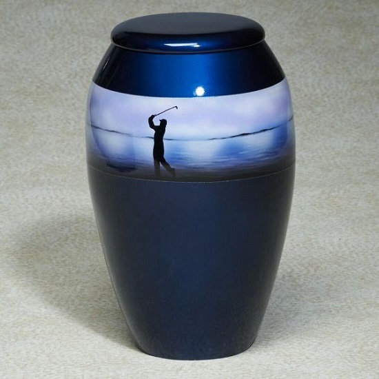 Golf Cremation Urn - Aluminum, 10" Height X 7.5" Diameter, Blue & Black Finish - Handmade Design, Secure Machined Threaded Lid, Ideal Memorial For Golf Lovers