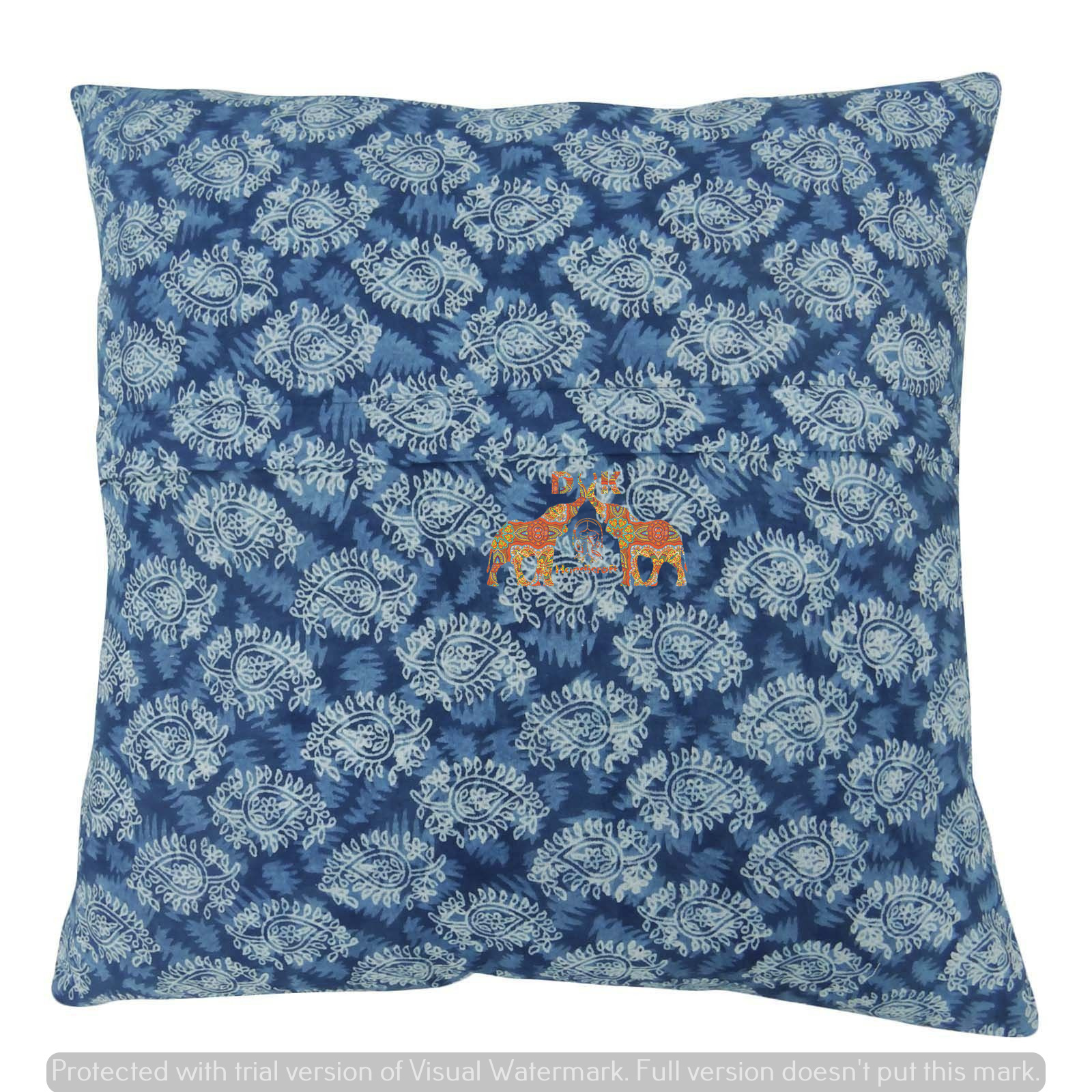 Handmade Hand Block Print 100% Cotton 16x16 Inches Indigo Blue Cushion Cover With Zipper - Square Shape, Printed Pattern, Customizable Designs
