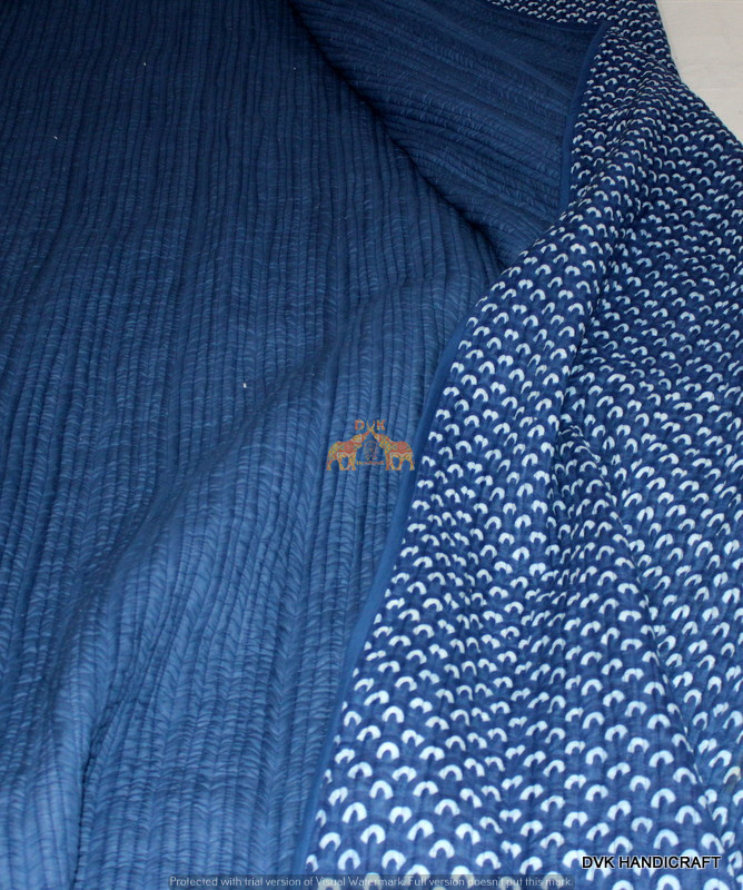 Handmade Block Print 100% Cotton Machine Kantha Quilt Indigo Blue Queen Thread Count: More Than 1000