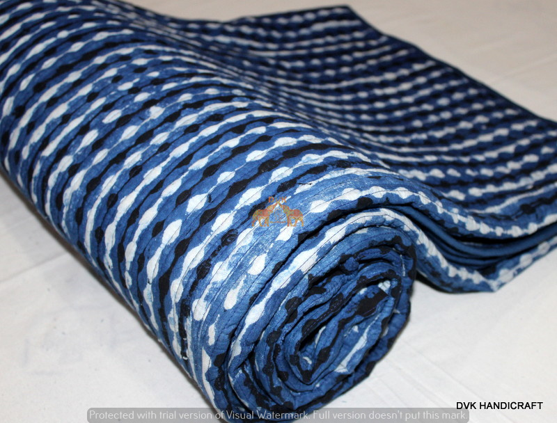 Handmade Block Print 100% Cotton Machine Kantha Quilt Indigo Blue Queen Thread Count: More Than 1000