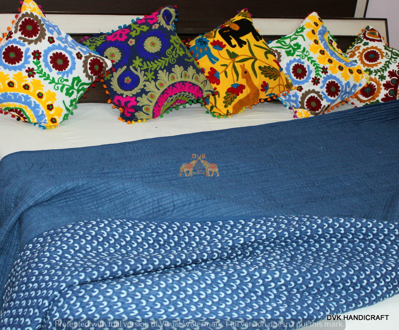 Handmade Block Print 100% Cotton Machine Kantha Quilt Indigo Blue Queen Thread Count: More Than 1000