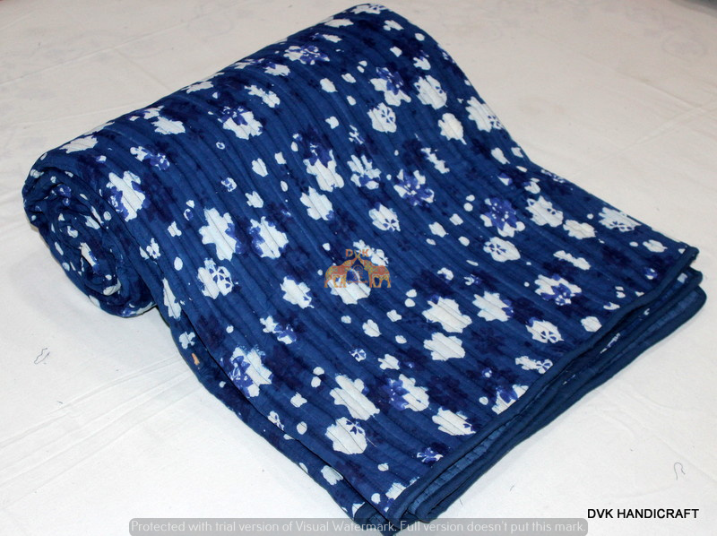 Handmade Block Print 100% Cotton Machine Kantha Quilt Indigo Blue Queen Thread Count: More Than 1000