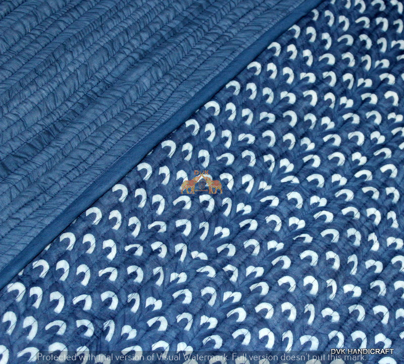 Handmade Block Print 100% Cotton Machine Kantha Quilt Indigo Blue Queen Thread Count: More Than 1000