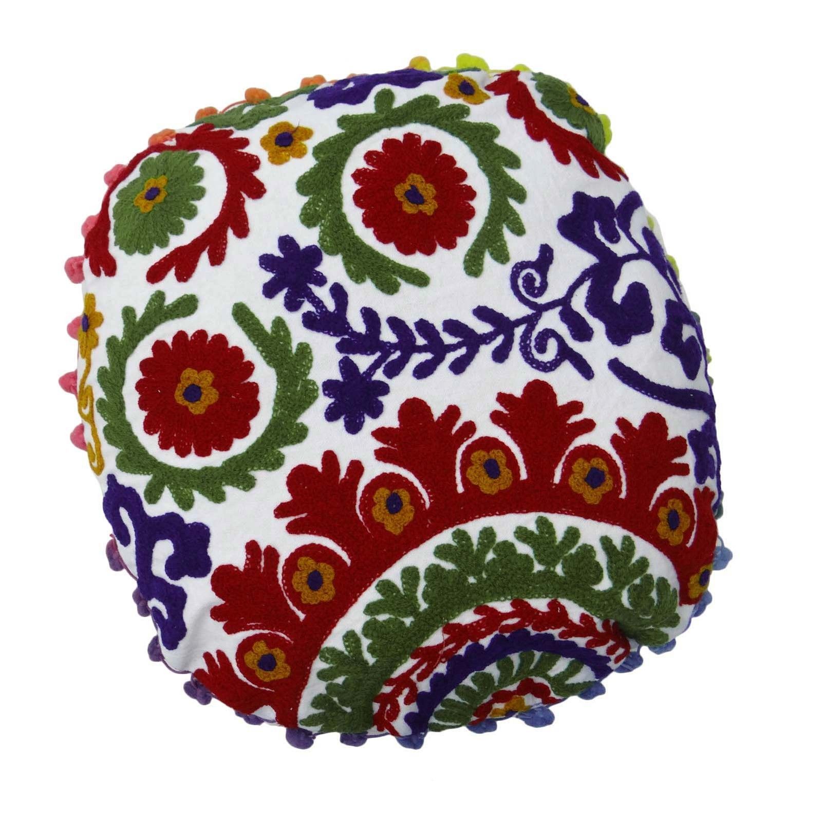 Indian Embroidered Handmade 100% Cotton Suzani Round Cushion Cover - 16x16 Inches, Multi Color | Intricate Floral Motifs, Versatile Use For Home & Decor