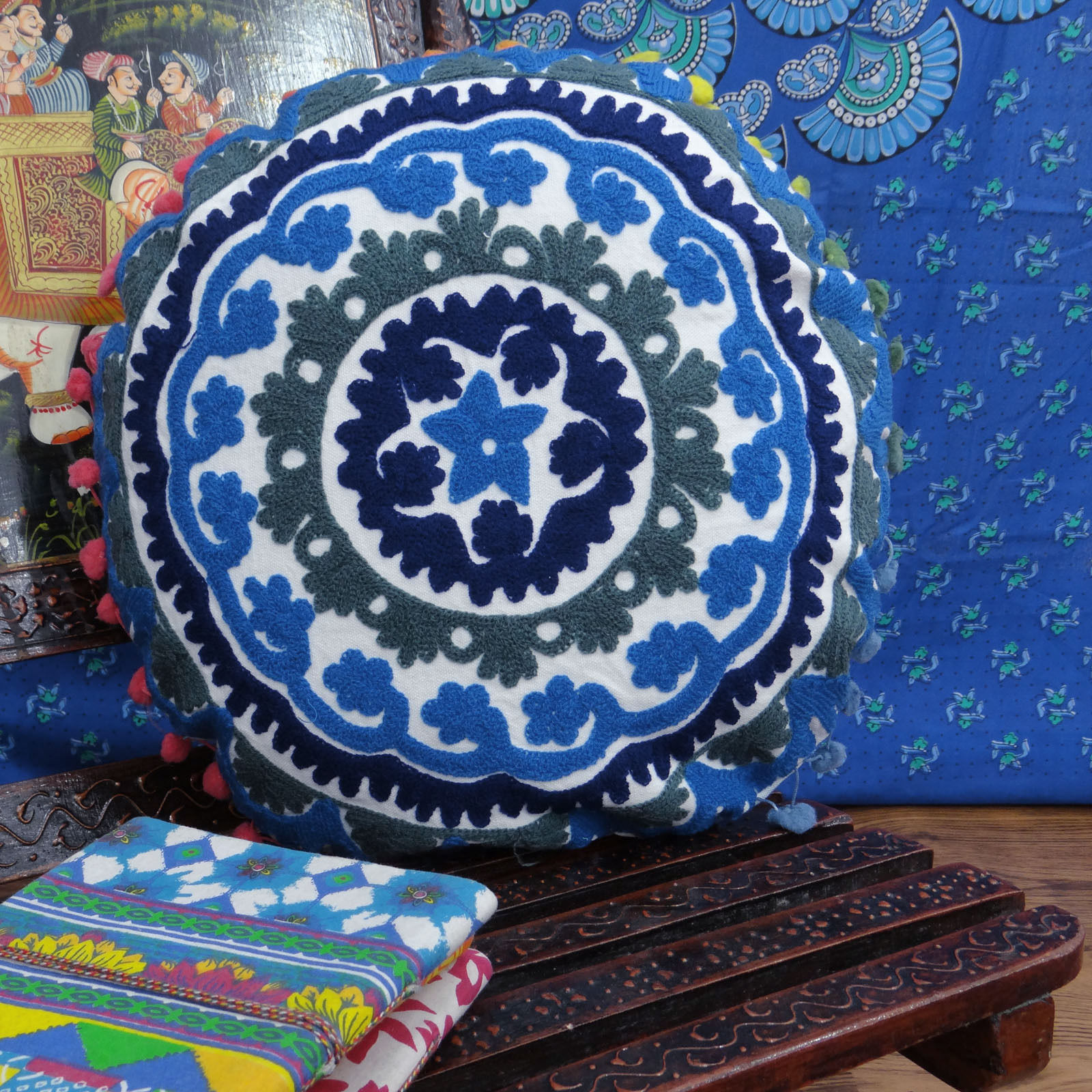 Indian Embroidered Handmade 100% Cotton Suzani Round Cushion Cover - 16x16 Inches, Multi Color | Intricate Floral Motifs, Versatile Use For Home & Decor