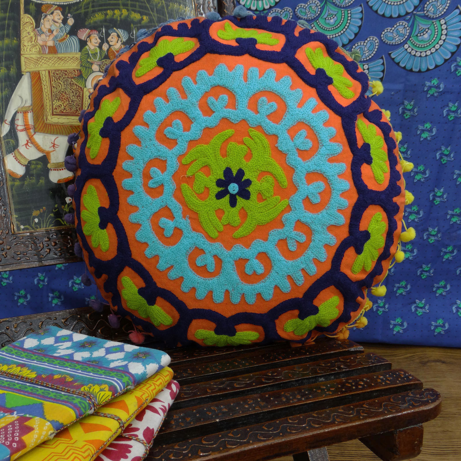 Indian Embroidered Handmade 100% Cotton Suzani Round Cushion Cover - 16x16 Inches, Multi Color | Intricate Floral Motifs, Versatile Use For Home & Decor