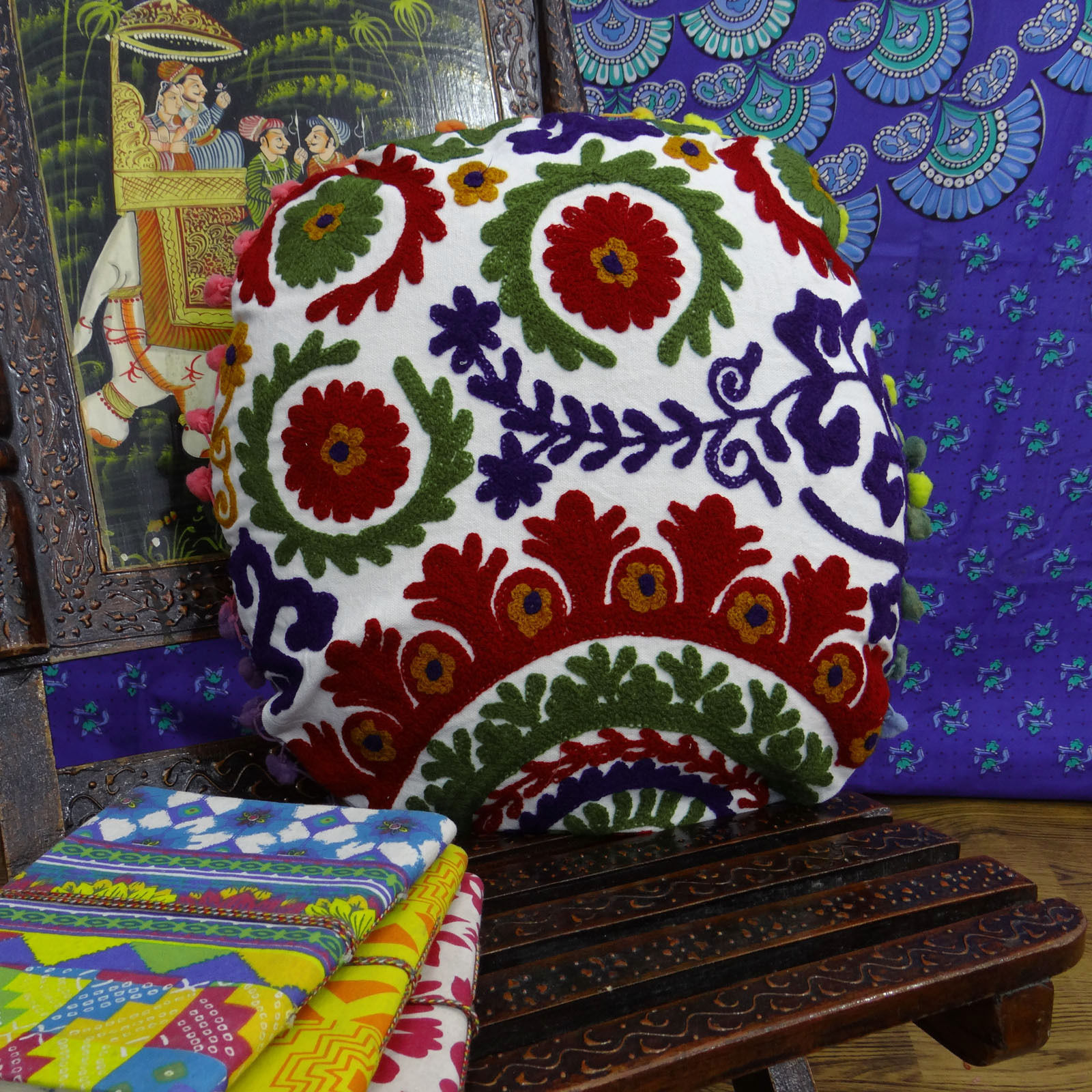 Indian Embroidered Handmade 100% Cotton Suzani Round Cushion Cover - 16x16 Inches, Multi Color | Intricate Floral Motifs, Versatile Use For Home & Decor