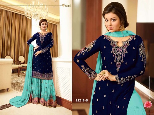 Designer Salwar Suit - Green Faux Georgette with Sharara | Embroidered Floral Patterns, Full Sleeves, Matching Plazo and Dupatta, Quick Dry and Washable