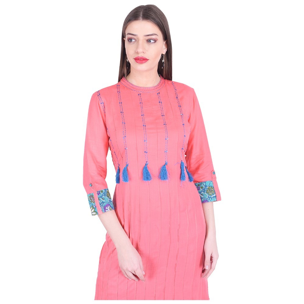 Rayon Printed Kurti - 50 Inch Length, Pink Color, 3/4th Sleeves | Eco-friendly, Anti-wrinkle, Quick Dry, Casual To Formal Wear