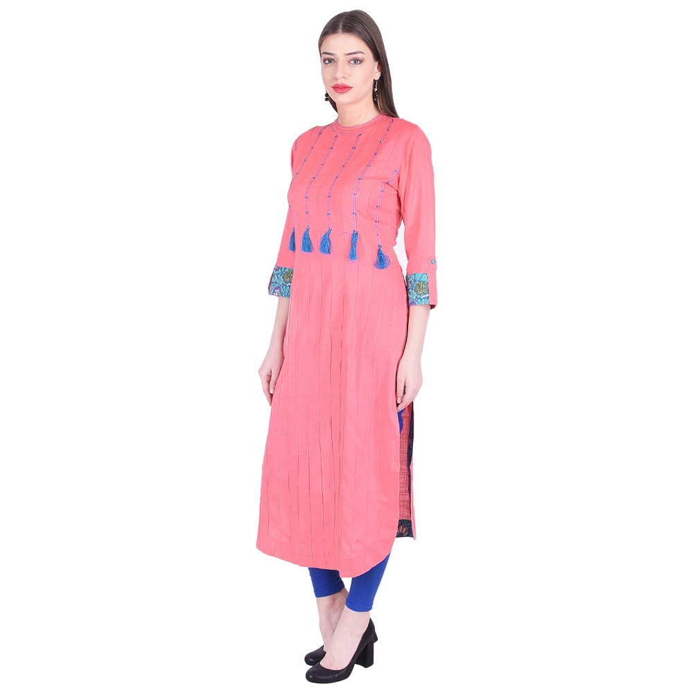 Rayon Printed Kurti - 50 Inch Length, Pink Color, 3/4th Sleeves | Eco-friendly, Anti-wrinkle, Quick Dry, Casual To Formal Wear