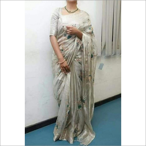 महिलाओं के सिल्वर टिश्यू लिनन साड़ी