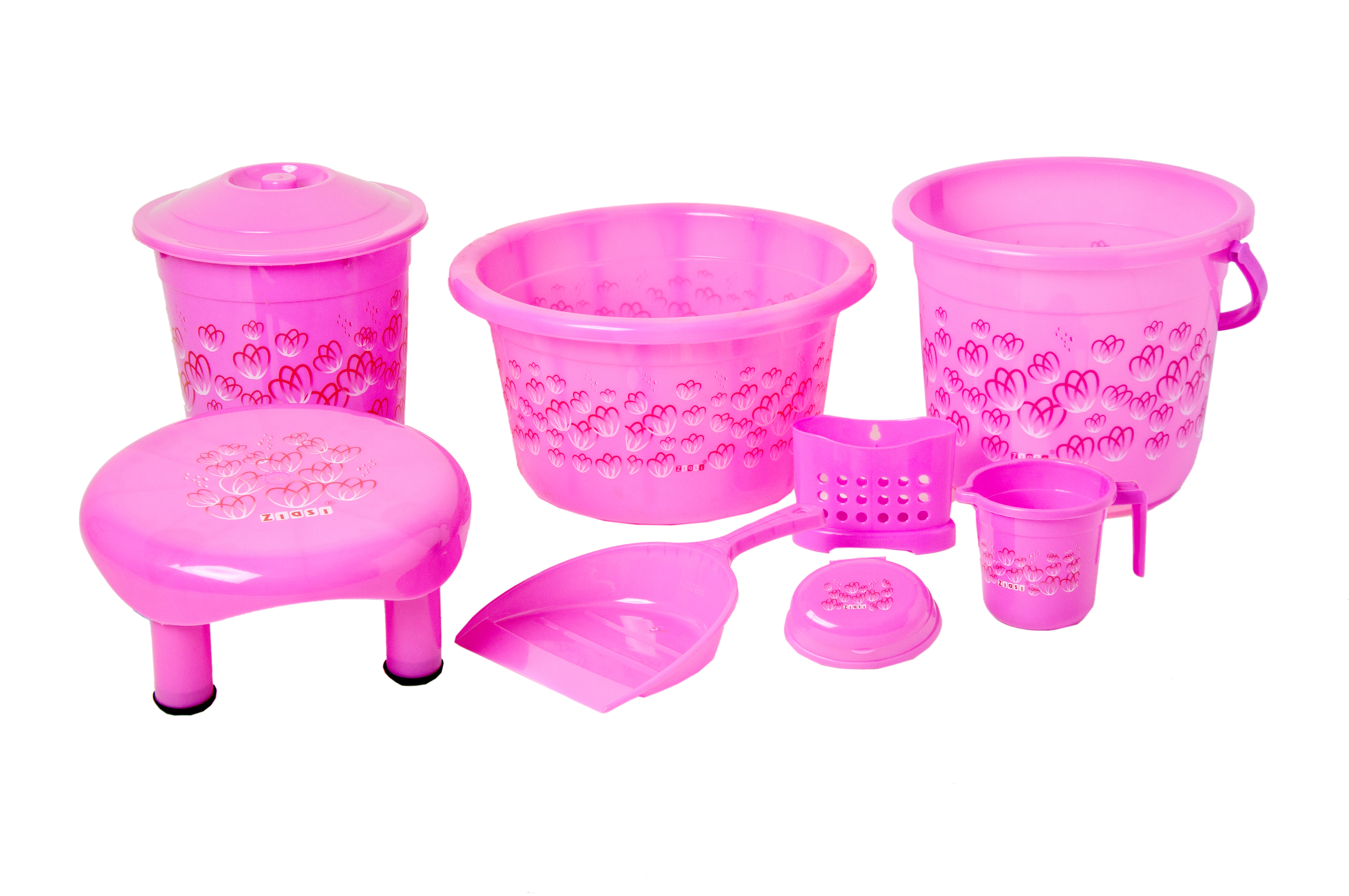 Pp Plastic Bathroom Set - 8 Pcs  - "Bath Queen Printed"