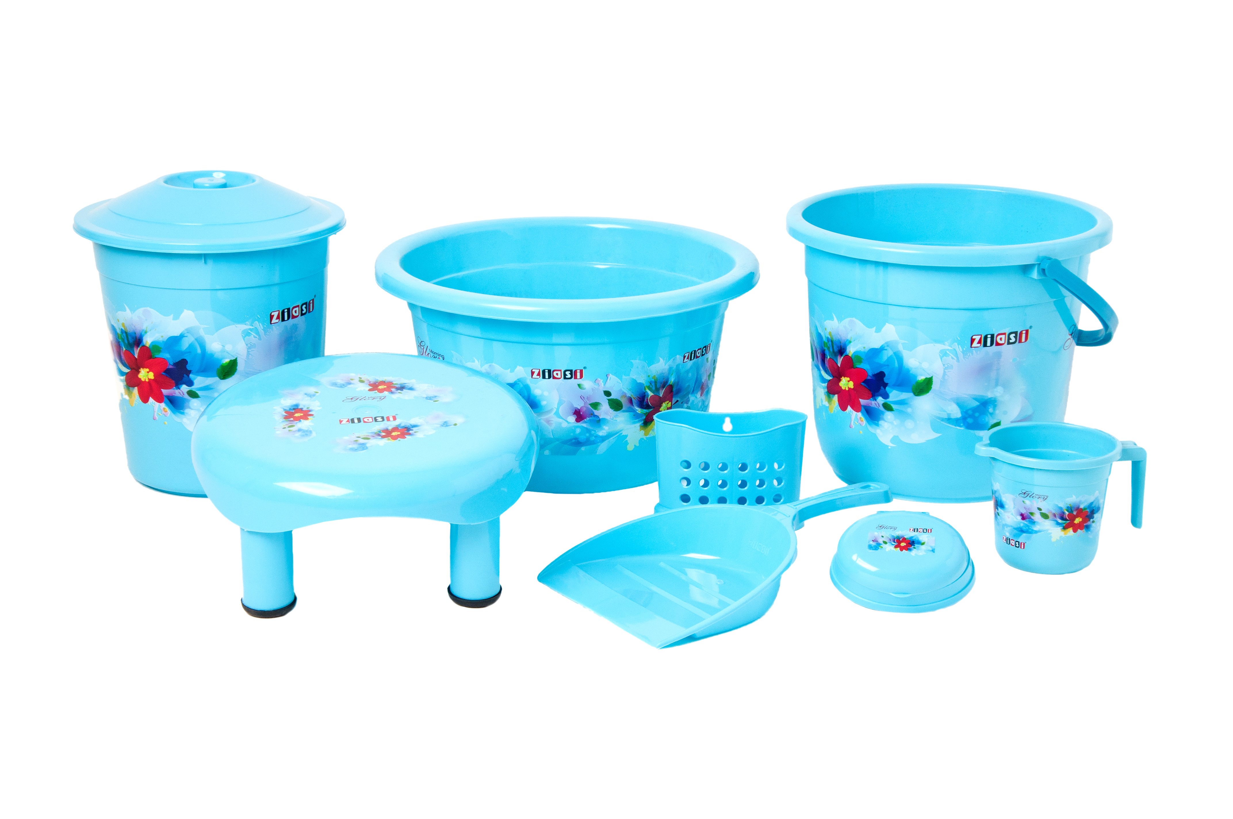 Pp Plastic Bathroom Set - 8 Pcs  - "Bath Queen Printed"