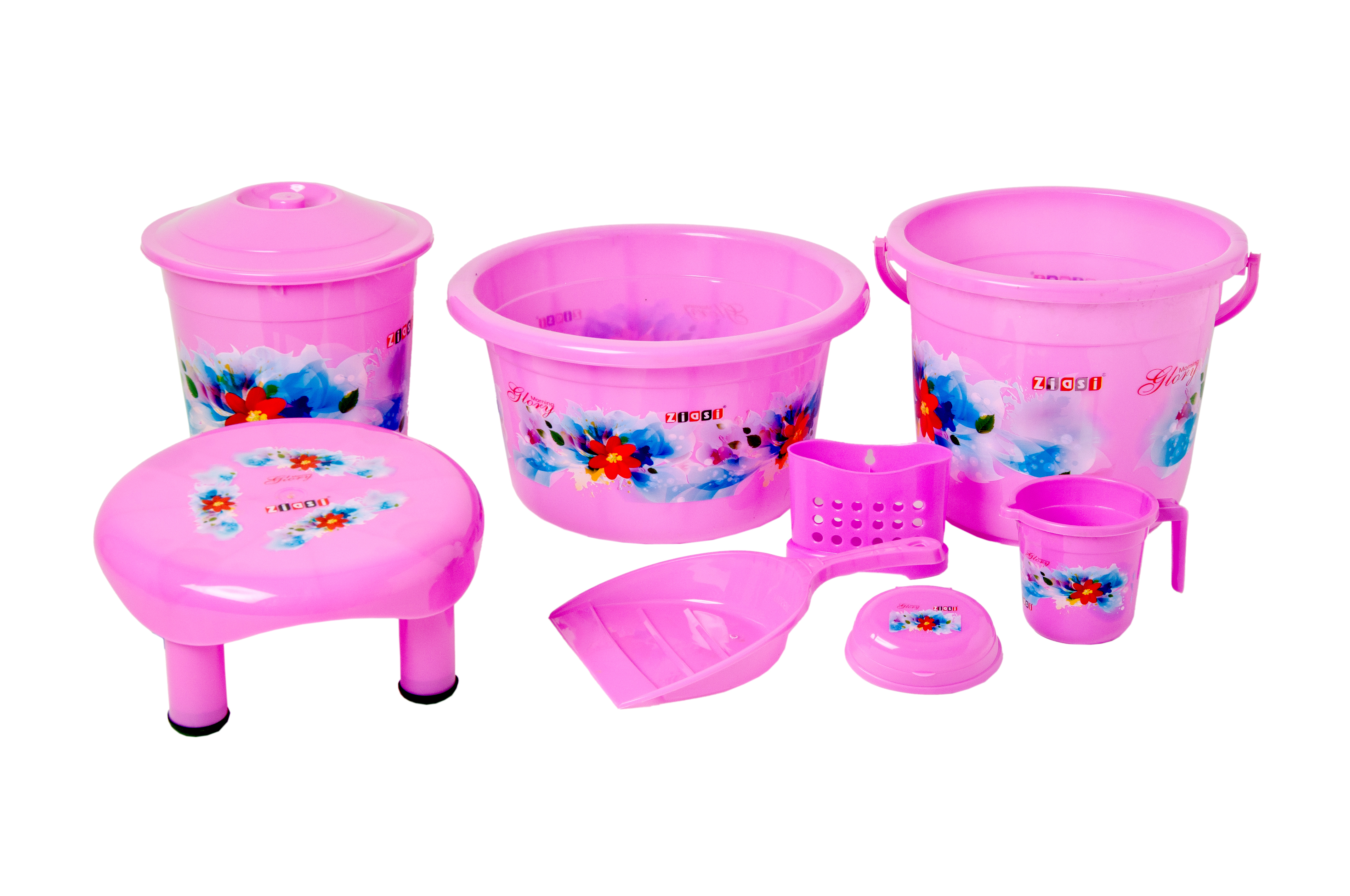 Pp Plastic Bathroom Set - 8 Pcs  - "Bath Queen Printed"