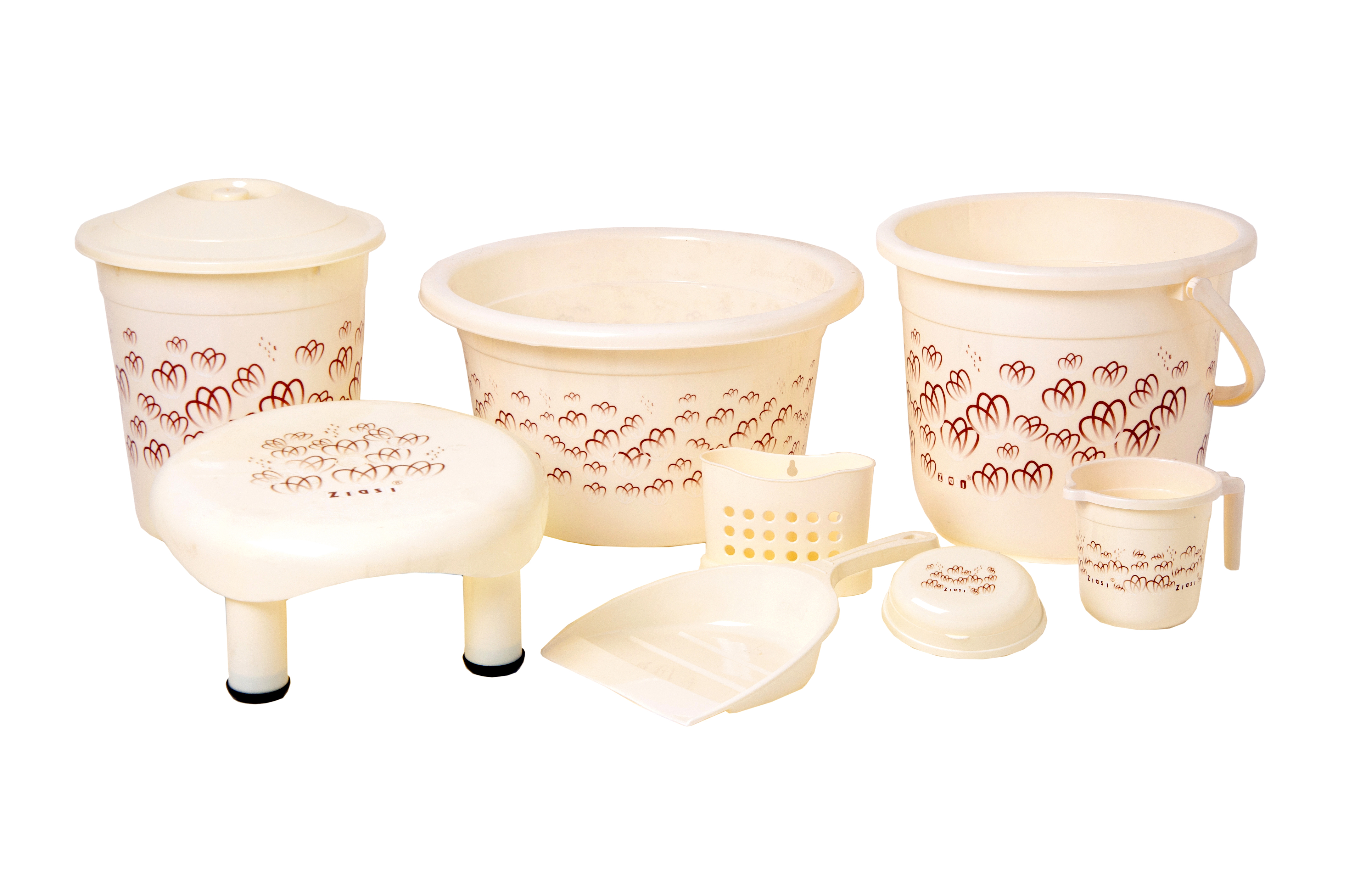 Pp Plastic Bathroom Set - 8 Pcs  - "Bath Queen Printed"