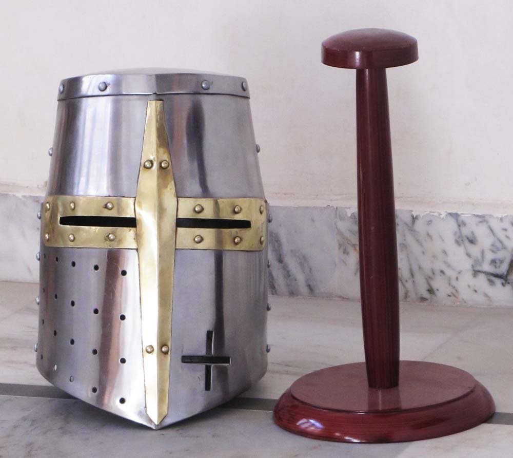 Polished Mild Steel Thor Instruments (With Device) Medieval Templar Crusader Knight Armor Helmet With Wooden Stand Greek Spartan Roman