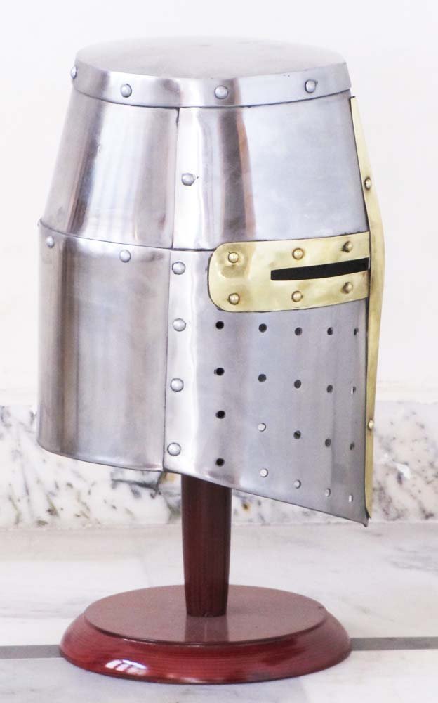 Polished Mild Steel Thor Instruments (With Device) Medieval Templar Crusader Knight Armor Helmet With Wooden Stand Greek Spartan Roman