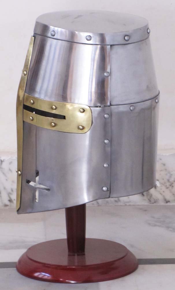 Polished Mild Steel Thor Instruments (With Device) Medieval Templar Crusader Knight Armor Helmet With Wooden Stand Greek Spartan Roman