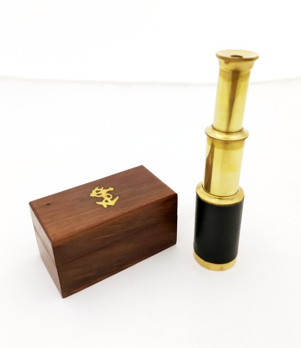 6 Inch Handheld Brass Telescope With Wooden Box - Pirate Navigation