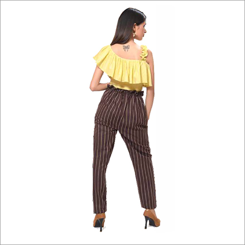 Ladies Yellow Top Stripe Pants Decoration Material: Laces