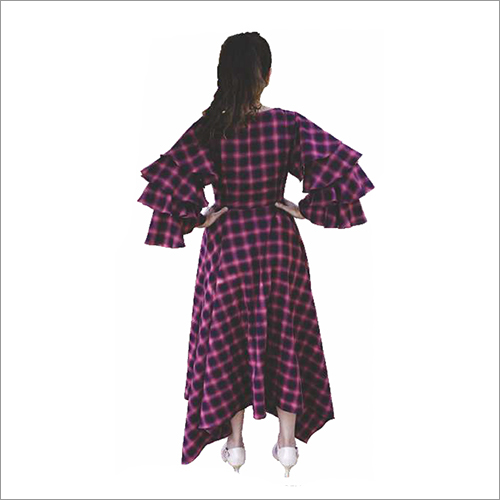 Pink And Brown Ladies Check Flare Bell Sleeves