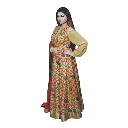 Floral Anarkali With Red Dupatta Decoration Material: Laces