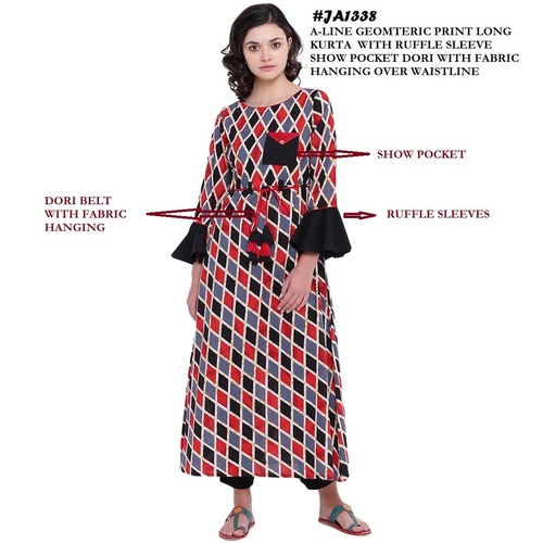 A-Line Cotton Printed Kurti - Cotton, Size: M, L, XL, XXL, Color: Multi | Breathable, No Fade, Quick Dry, Washable, 3/4 Sleeve
