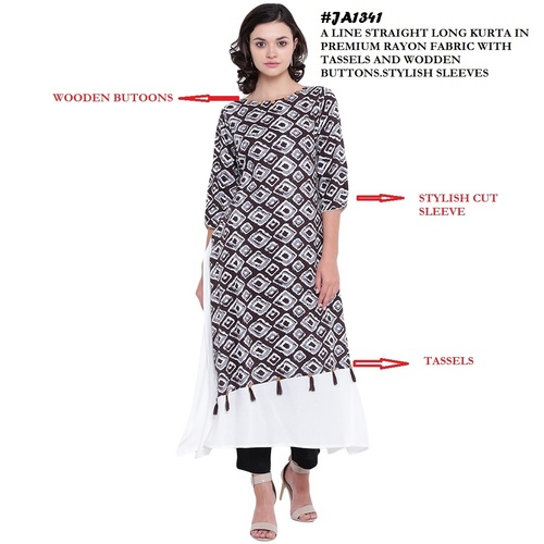 A-Line Rayon Kurti - Customizable Sizes L, M, XL, XXL, Black | Breathable, No Fade, Quick Dry, 3/4 Sleeves, Printed Design