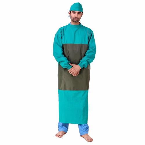 OT Surgeon Gown - Cotton Fabric, Sizes (L, XL, XXL, XXXL), Color Options: Green/Sky Blue, Long Sleeves, Back Knot Design, Elastic Cuffs