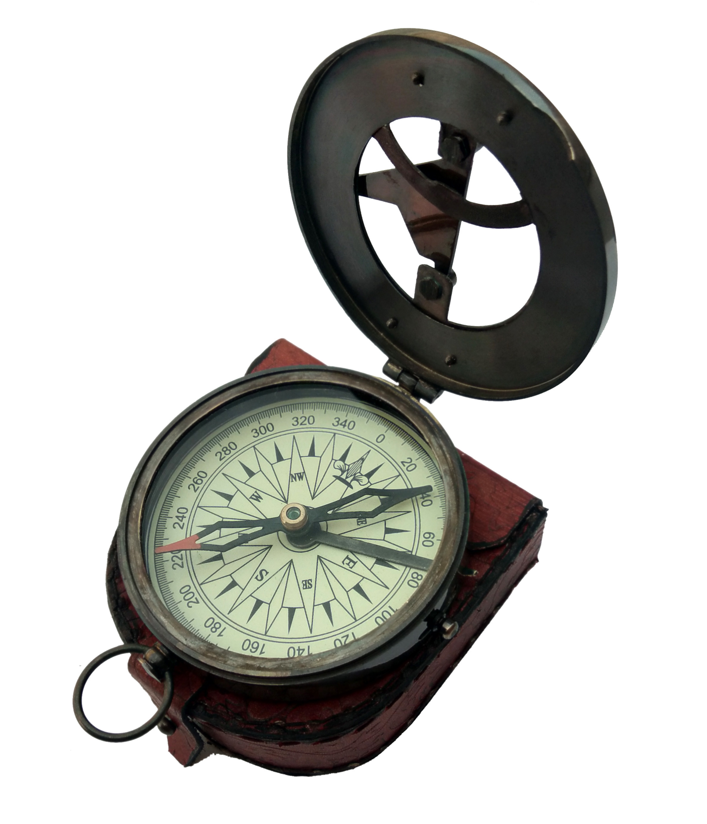 Antique Brass Sundial Compass - 3 Inch Size, Magnetic Needle, Clear Glass, Leather Case, Low Maintenance