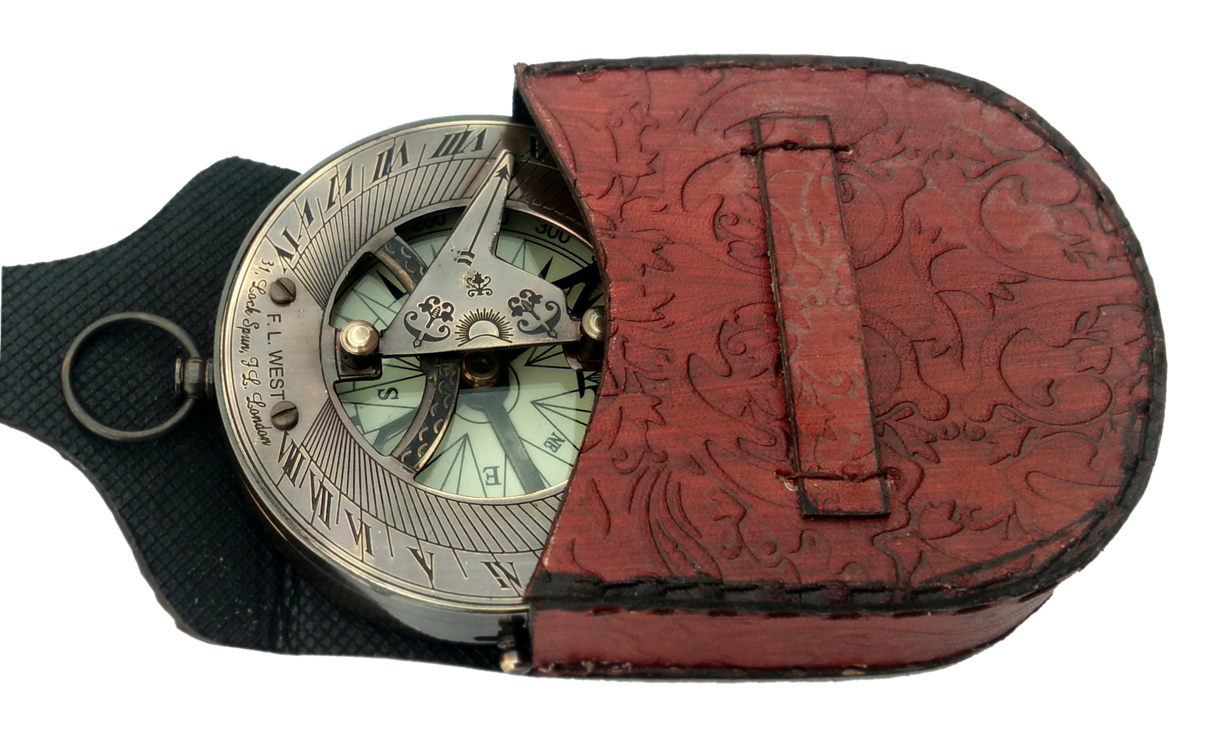Antique Brass Sundial Compass - 3 Inch Size, Magnetic Needle, Clear Glass, Leather Case, Low Maintenance