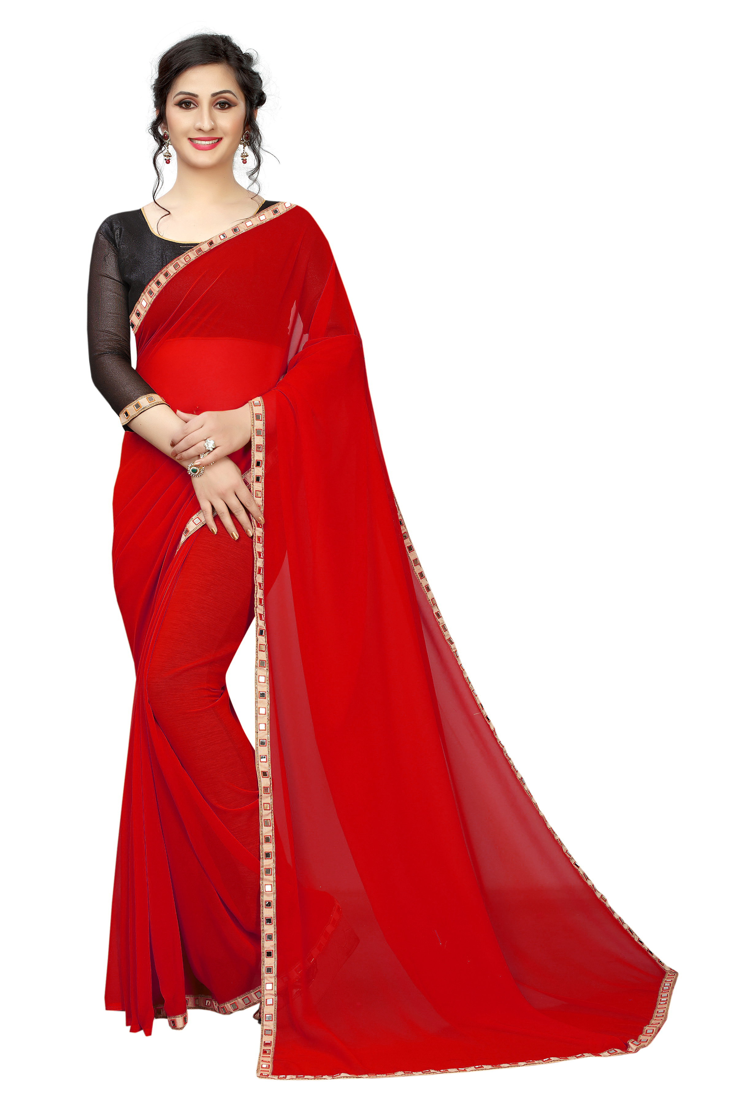 Georgette Printed Saree - Georgette Material, Color Variants: Green, Yellow, Red, Blue, Purple | Style: Bollywood, Suitable For All Seasons
